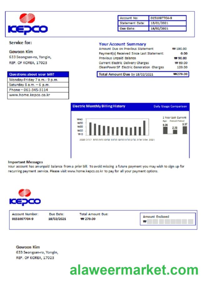 South Korea Electric Power Corporation electricity utility bill template in Word and PDF format